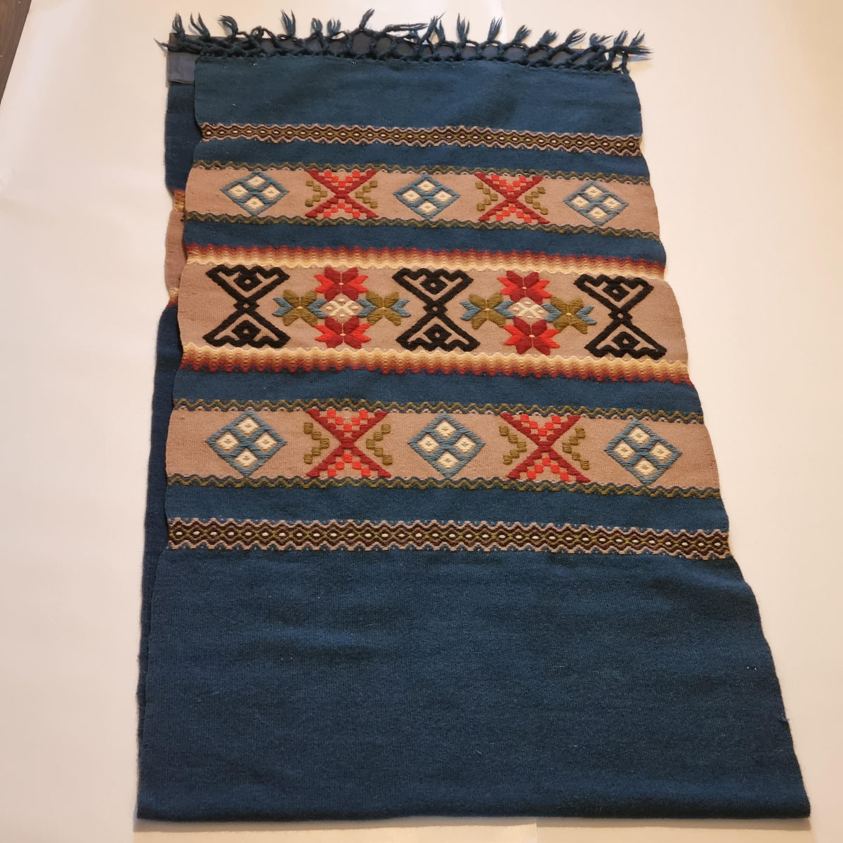 Swedish Allmoge Wool Runner Folk Embroidery Teal Blue Geometric Fringe Handmade Sweden