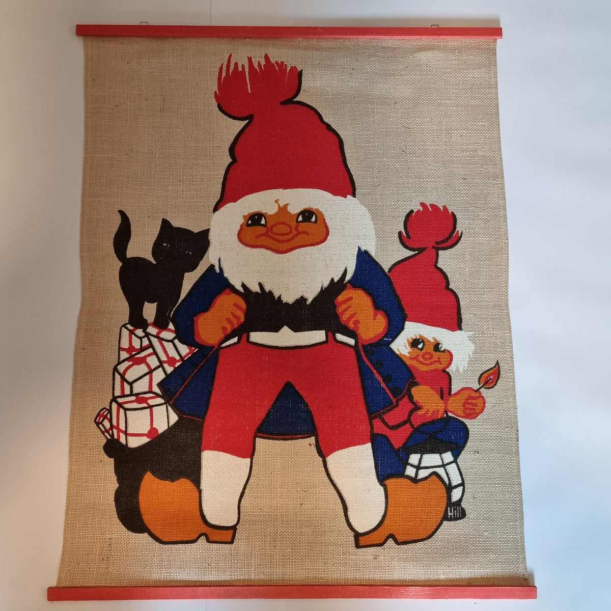 Swedish Tomte Christmas Wall Hanging Burlap Gnome Nordic Folk Art Vintage Sweden