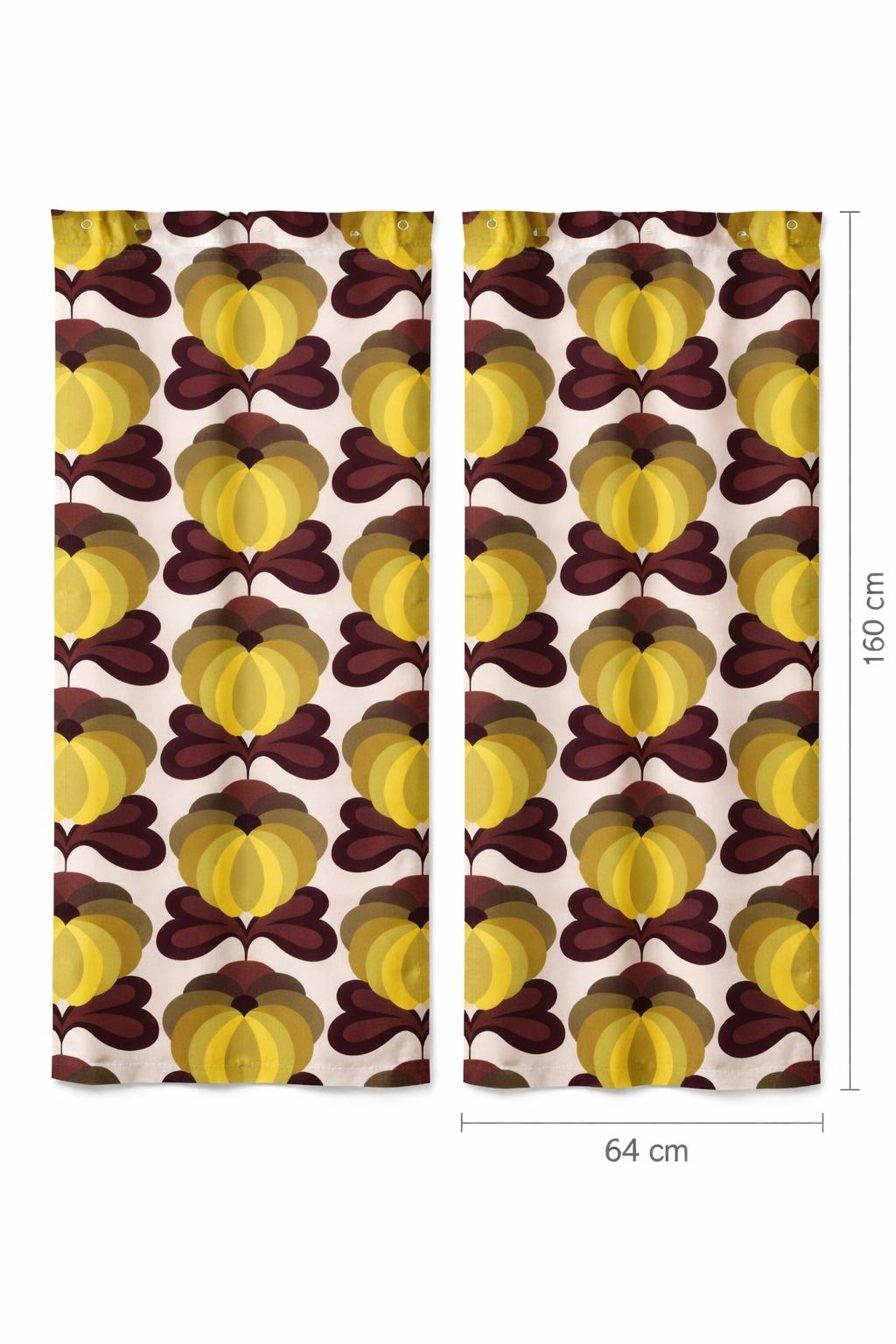 1970s Retro Curtain Pair Flower Power Yellow Green Brown Mod Scandinavian Sweden