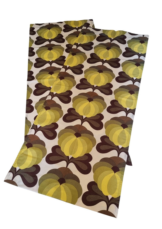1970s Retro Curtain Pair Flower Power Yellow Green Brown Mod Scandinavian Sweden