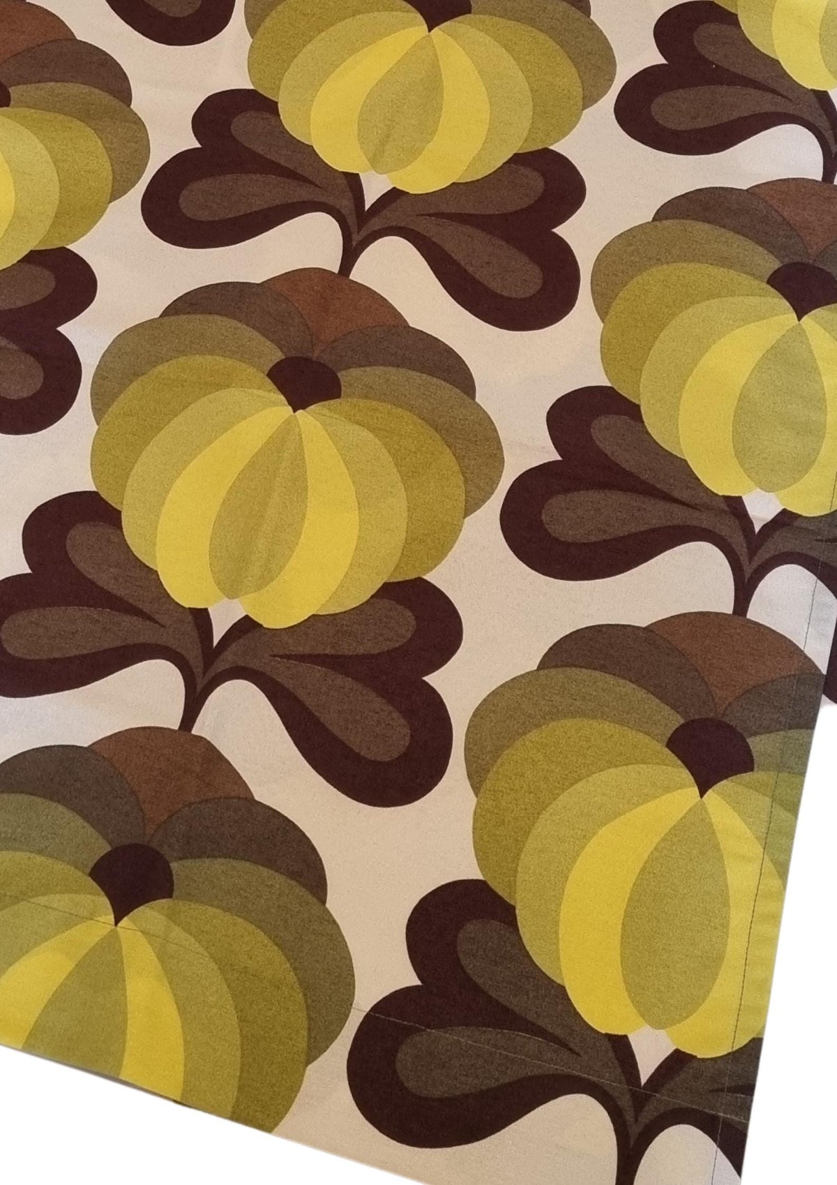 1970s Retro Curtain Pair Flower Power Yellow Green Brown Mod Scandinavian Sweden