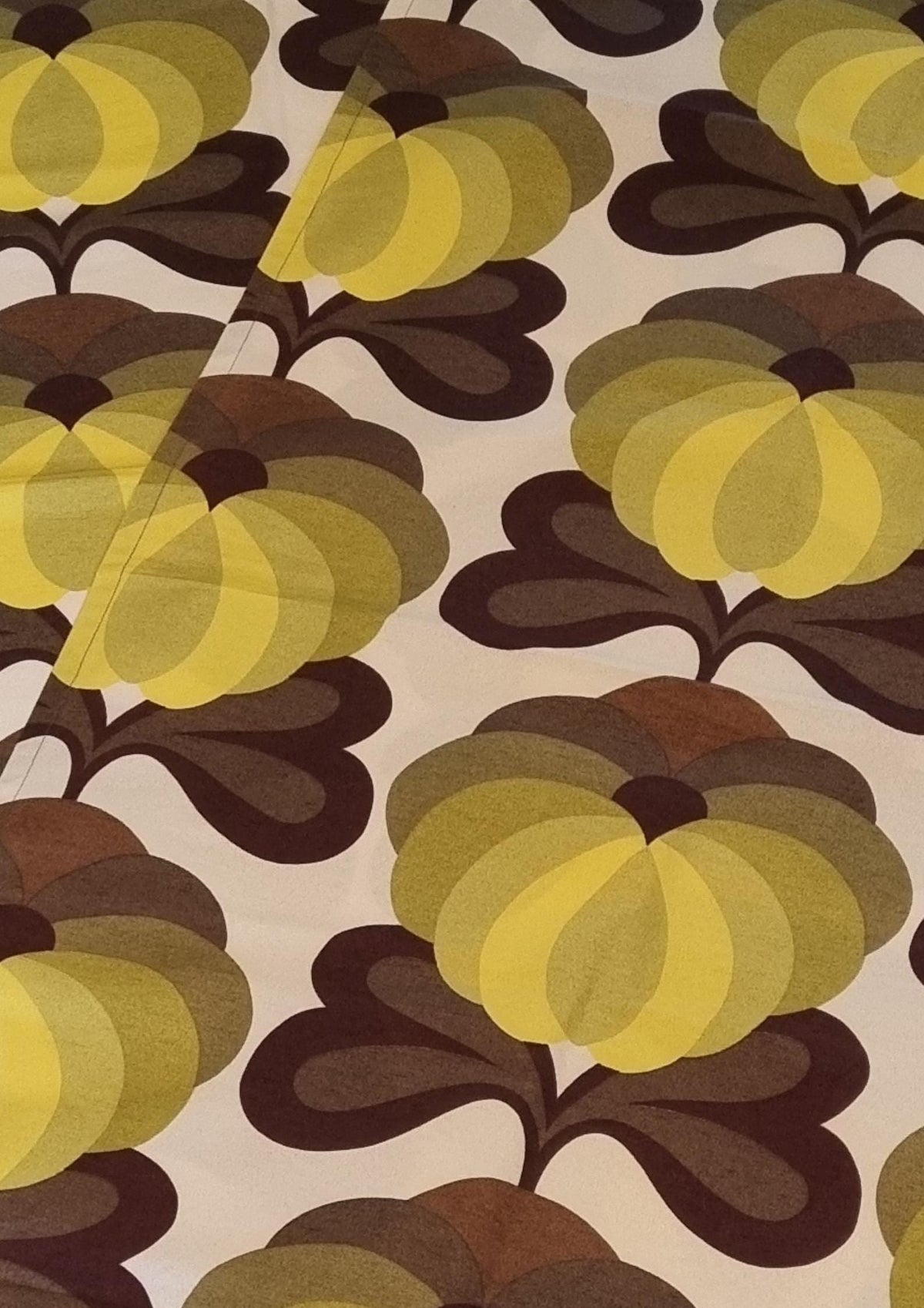 1970s Retro Curtain Pair Flower Power Yellow Green Brown Mod Scandinavian Sweden