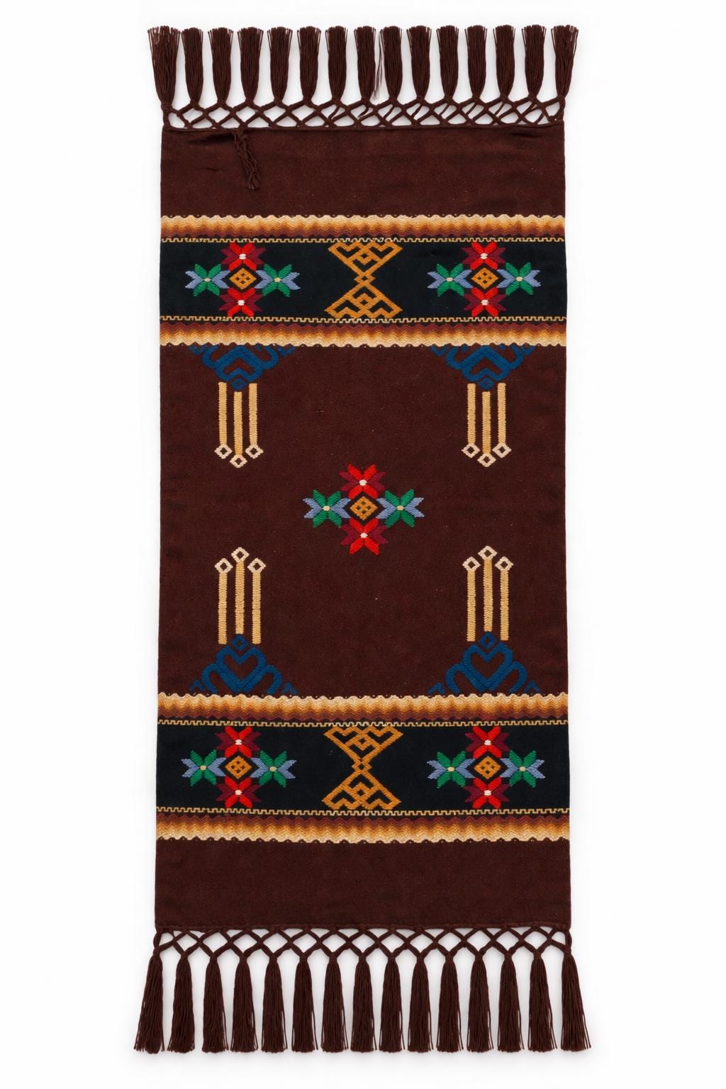 Swedish Allmoge Wool Runner Folk Embroidery Brown Geometric Fringe Handmade Sweden