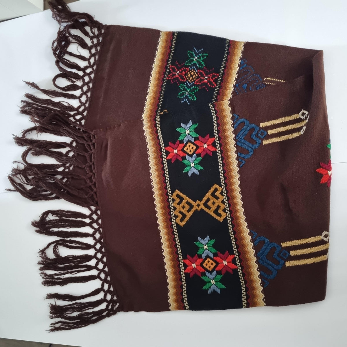 Swedish Allmoge Wool Runner Folk Embroidery Brown Geometric Fringe Handmade Sweden