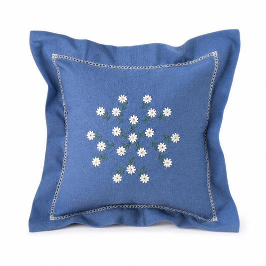 Hand Embroidered Pillow Cover Set of 3, Blue Daisy Floral, Vintage Swedish 1960s Scandinavian