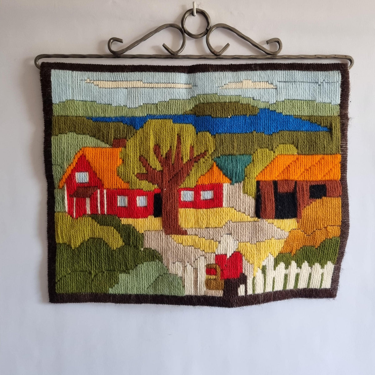 Scandinavian Folk Tapestry | Woven Wall Hanging | Mid Century Textile Art |  Rustic Village Scene
