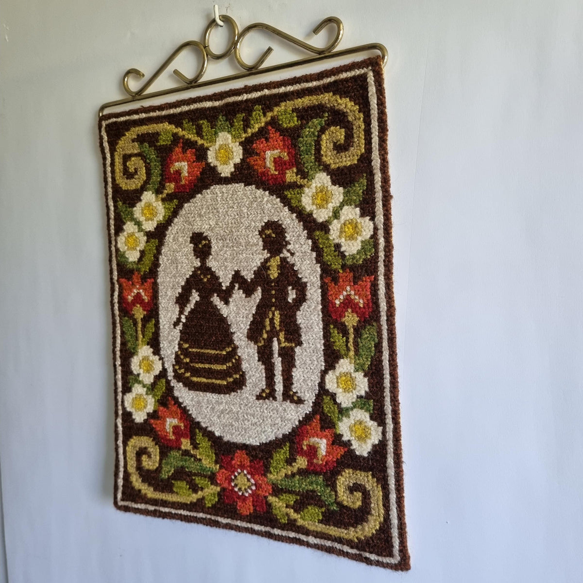 Wool Wall Hanging Romantic Couple Silhouette French Rococo Tapestry Swedish Vintage Embroidery 1970s Floral