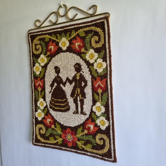 Wool Wall Hanging Romantic Couple Silhouette French Rococo Tapestry Swedish Vintage Embroidery 1970s Floral