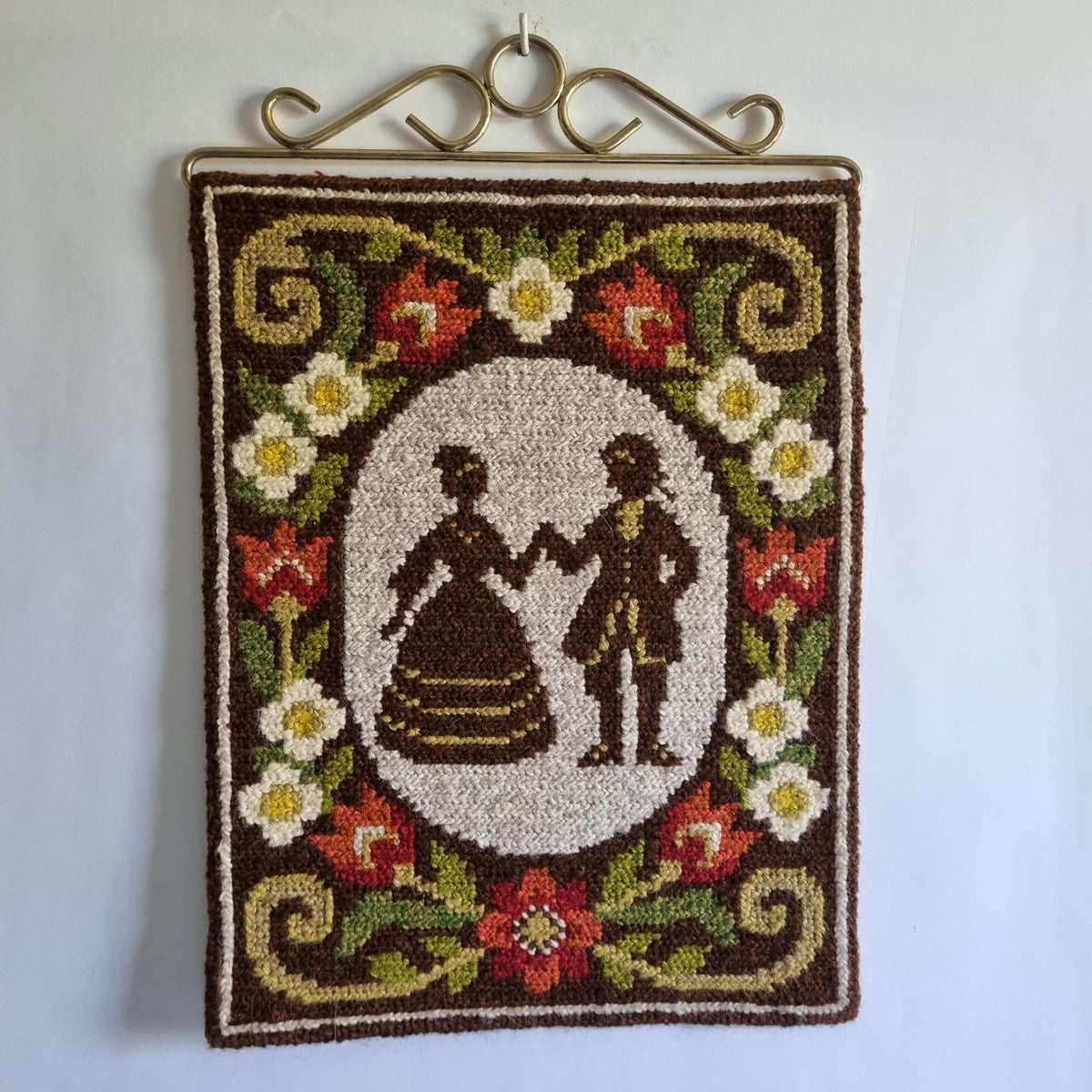 Wool Wall Hanging Romantic Couple Silhouette French Rococo Tapestry Swedish Vintage Embroidery 1970s Floral