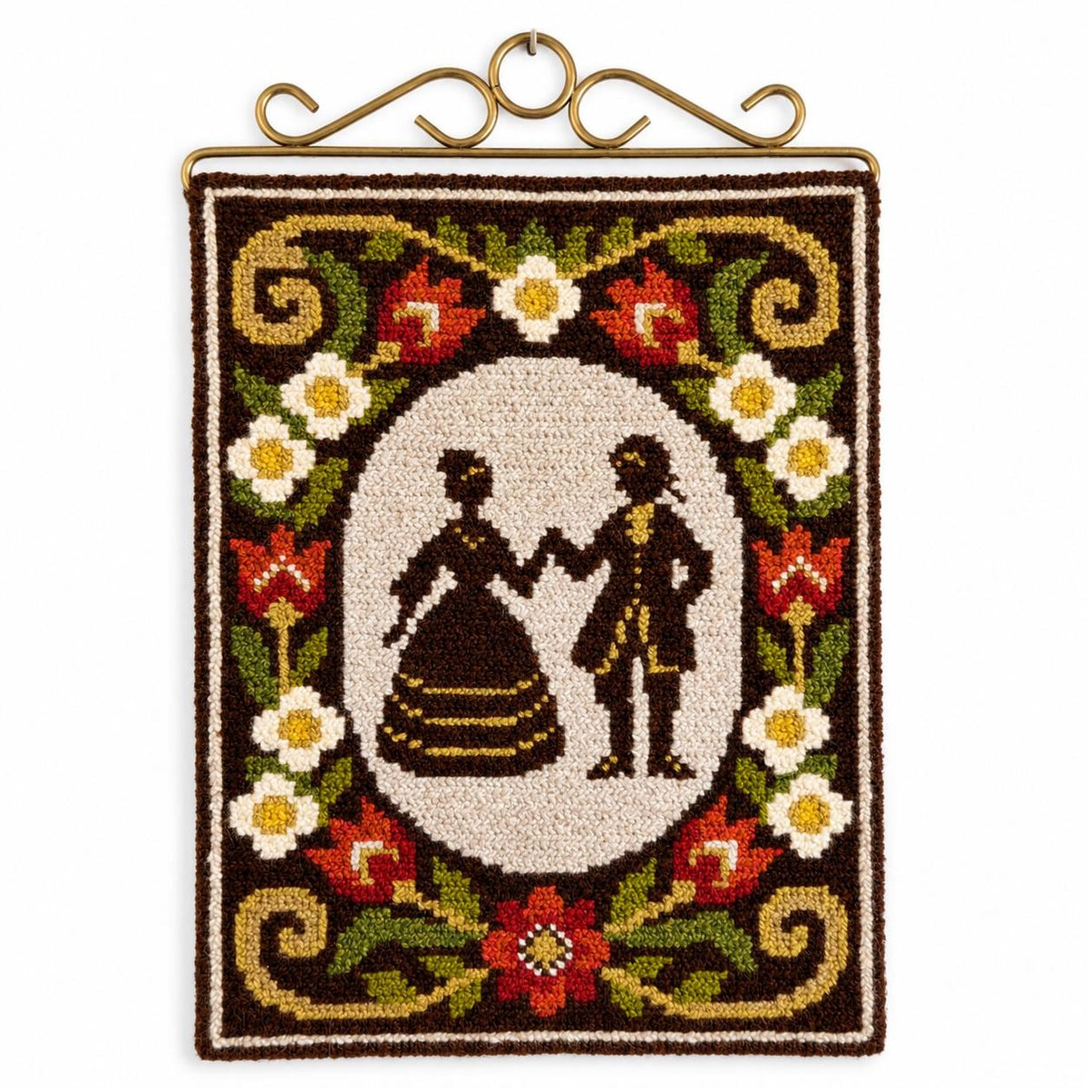 Wool Wall Hanging Romantic Couple Silhouette French Rococo Tapestry Swedish Vintage Embroidery 1970s Floral