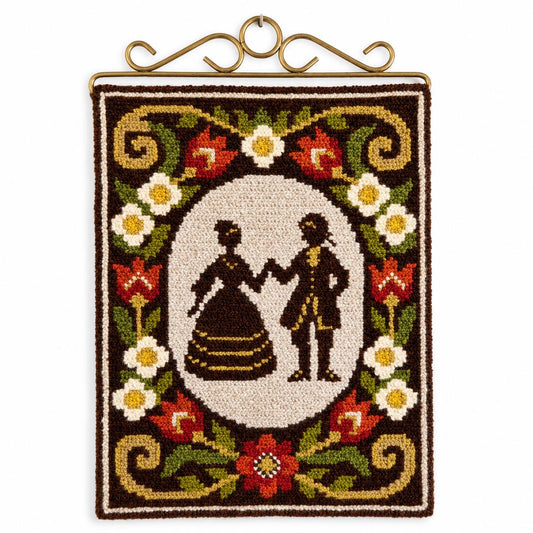 Wool Wall Hanging Romantic Couple Silhouette French Rococo Tapestry Swedish Vintage Embroidery 1970s Floral