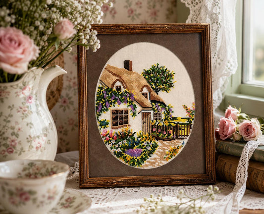 Framed textile art Cottage Garden English Country Vintage Embroidery Floral Cottagecore Wall Decor