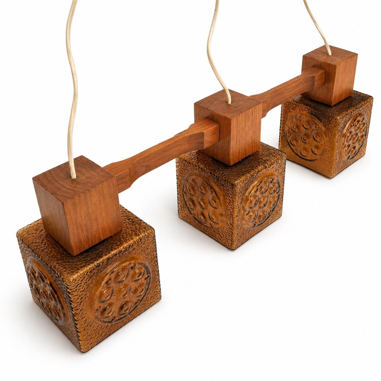 Pendant Lamp Three Amber Glass Cubes Teak Mid Century Scandinavian 1960s Brutalist Light