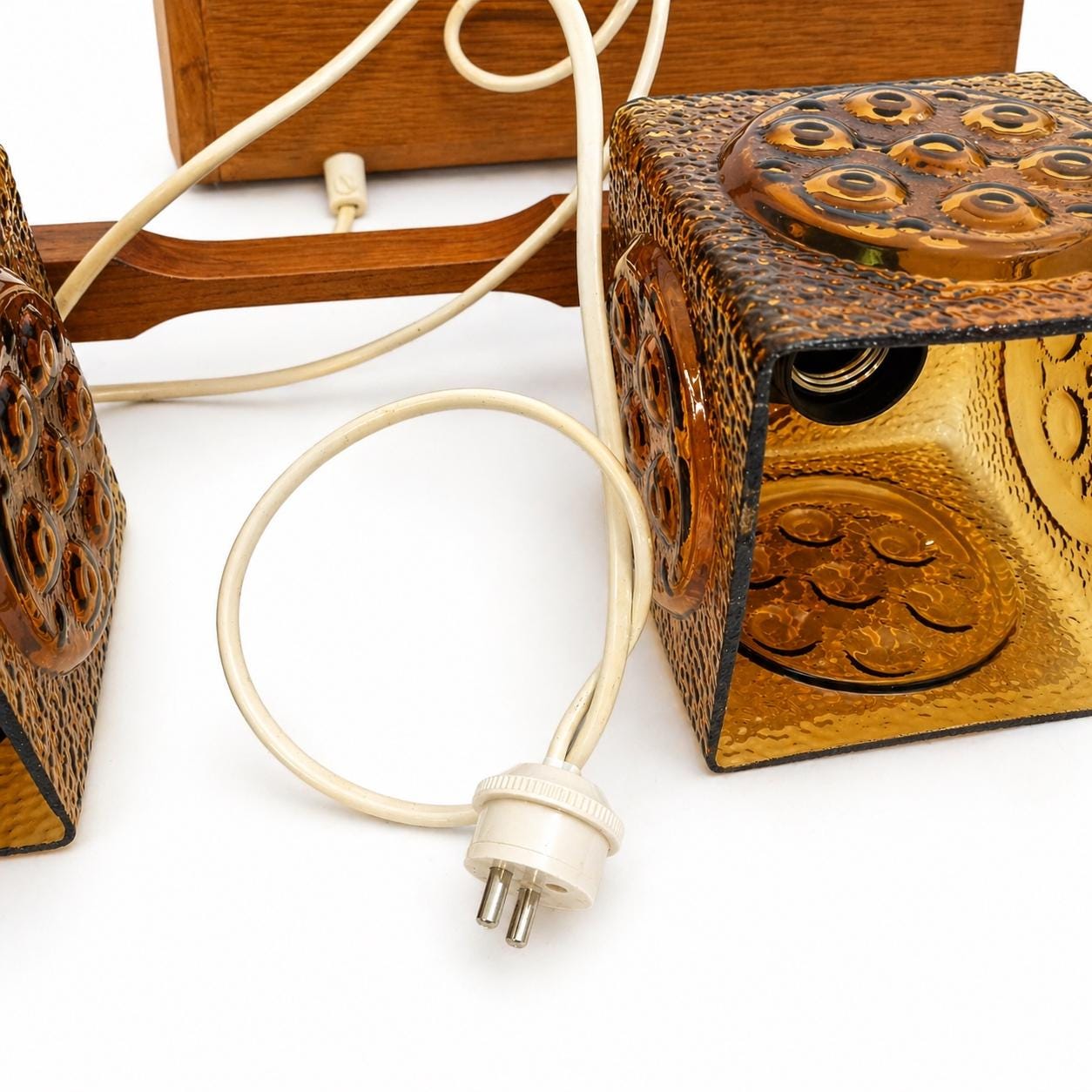 Pendant Lamp Three Amber Glass Cubes Teak Mid Century Scandinavian 1960s Brutalist Light