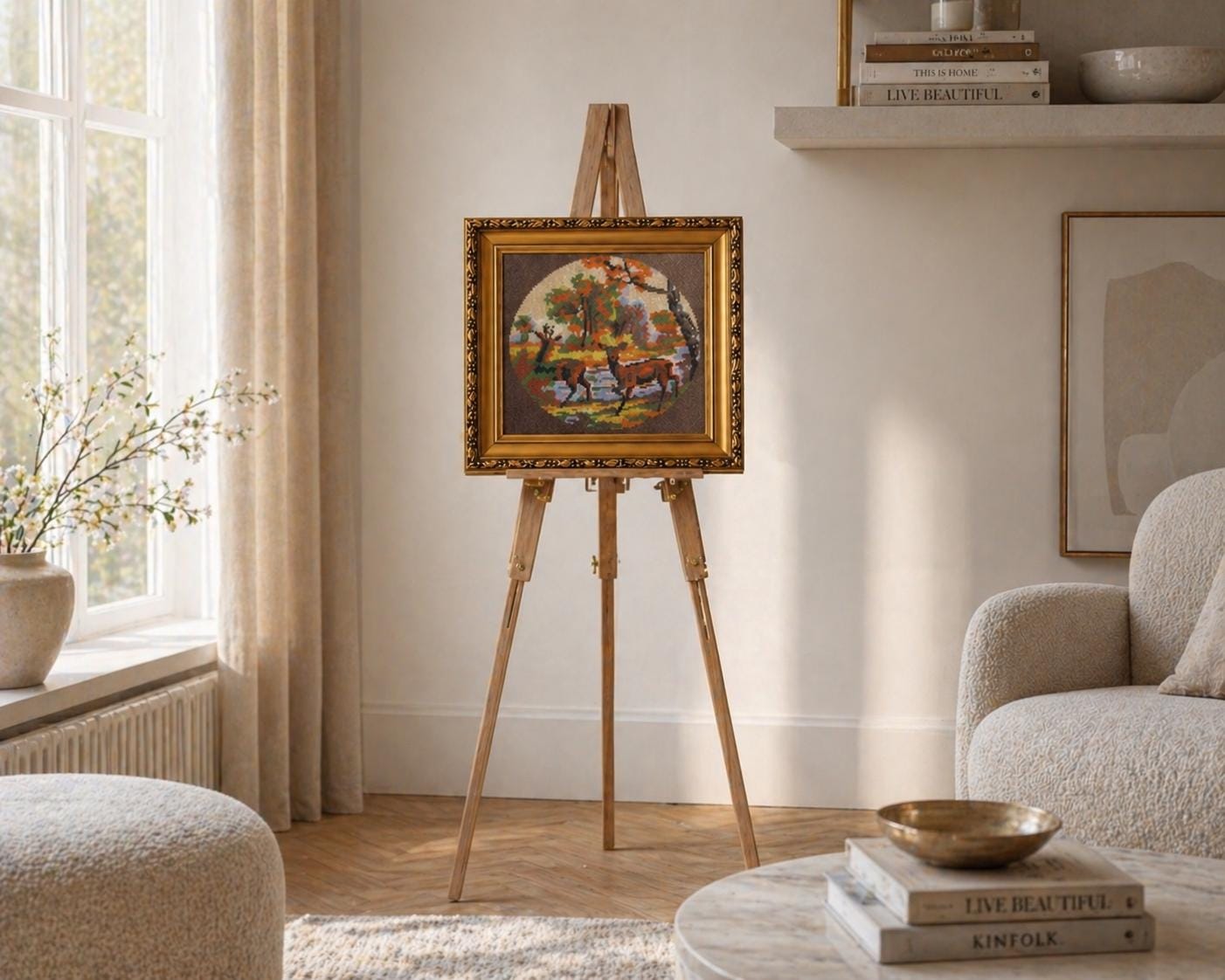 Framed Deer Forest Needlepoint Art, Autumn Woodland Scene, Vintage Gilt Frame