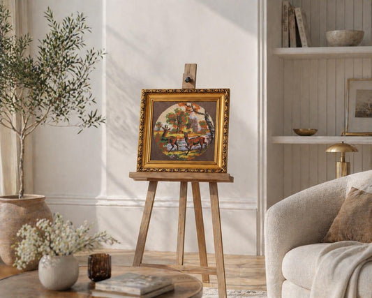 Framed Deer Forest Needlepoint Art, Autumn Woodland Scene, Vintage Gilt Frame