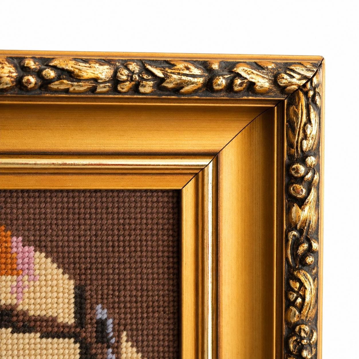 Framed Deer Forest Needlepoint Art, Autumn Woodland Scene, Vintage Gilt Frame