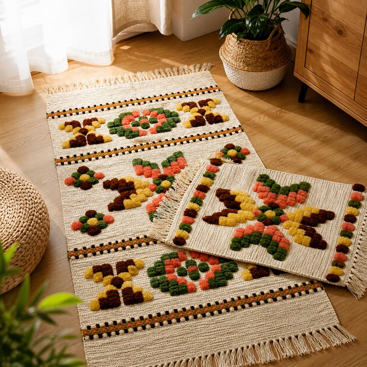 Wool Runner and Cushion Cover Set –Handwoven  Boho Geometric Swedish Folk Art Decor