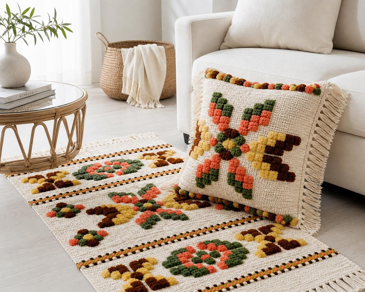 Wool Runner and Cushion Cover Set –Handwoven  Boho Geometric Swedish Folk Art Decor