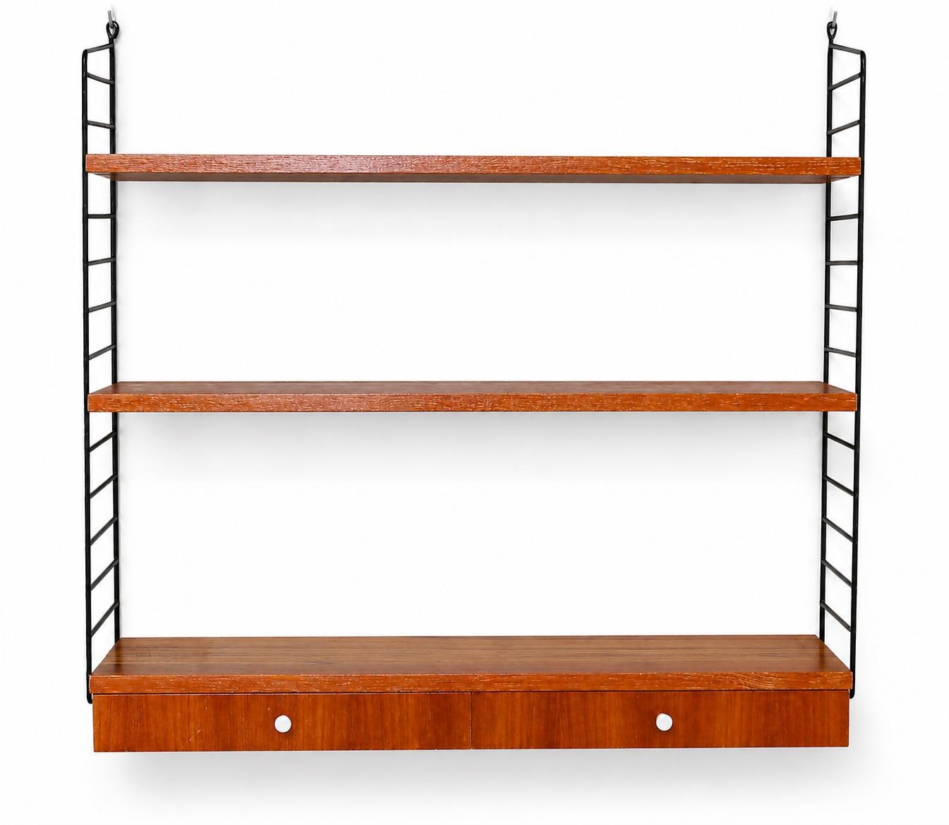 Danish teak String Shelf with Drawers, 1960s Scandinavian Wall Unit