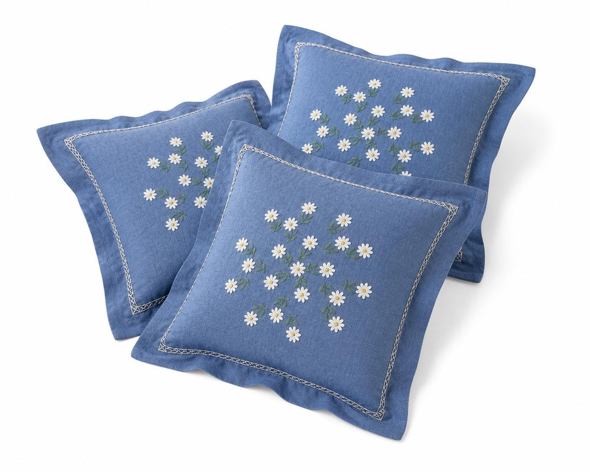 Hand Embroidered Pillow Cover Set of 3, Blue Daisy Floral, Vintage Swedish 1960s Scandinavian