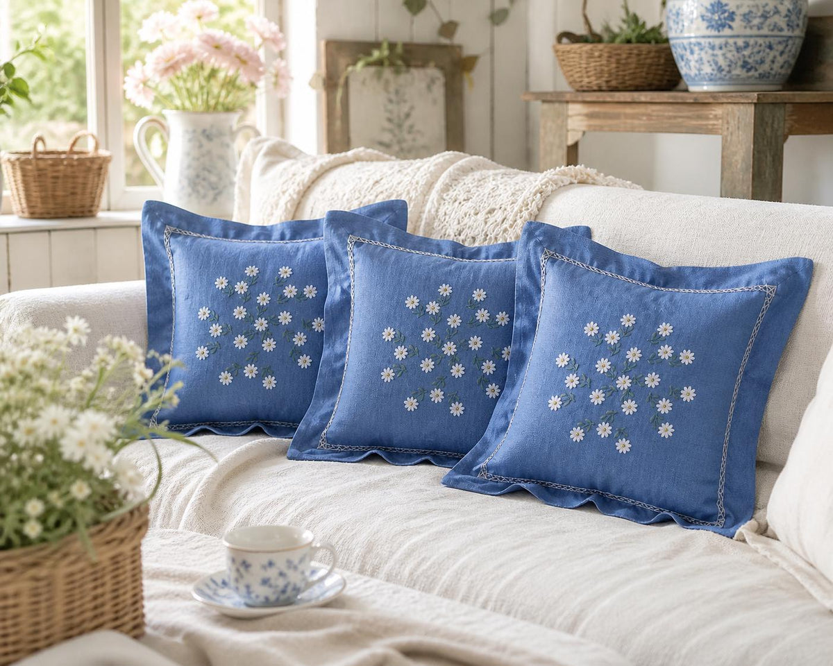 Hand Embroidered Pillow Cover Set of 3, Blue Daisy Floral, Vintage Swedish 1960s Scandinavian
