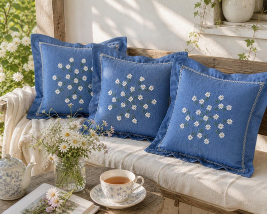 Hand Embroidered Pillow Cover Set of 3, Blue Daisy Floral, Vintage Swedish 1960s Scandinavian