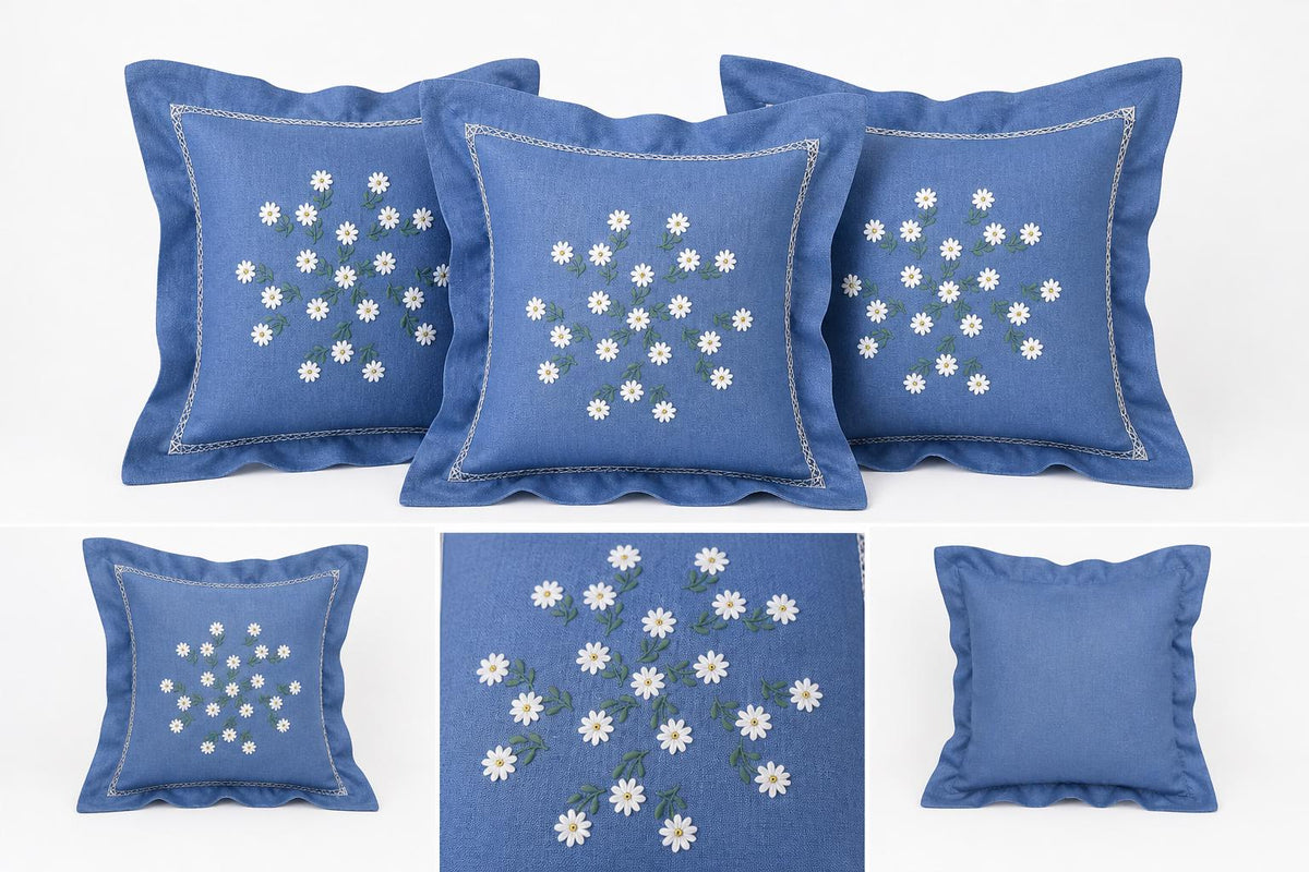 Hand Embroidered Pillow Cover Set of 3, Blue Daisy Floral, Vintage Swedish 1960s Scandinavian