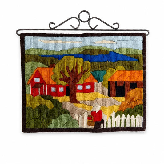 Scandinavian Folk Tapestry | Woven Wall Hanging | Mid Century Textile Art |  Rustic Village Scene