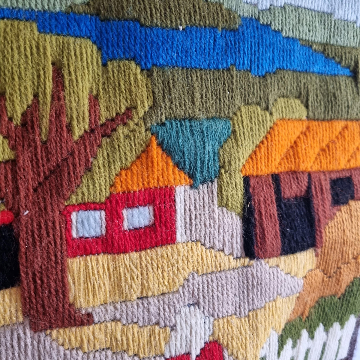Scandinavian Folk Tapestry | Woven Wall Hanging | Mid Century Textile Art |  Rustic Village Scene