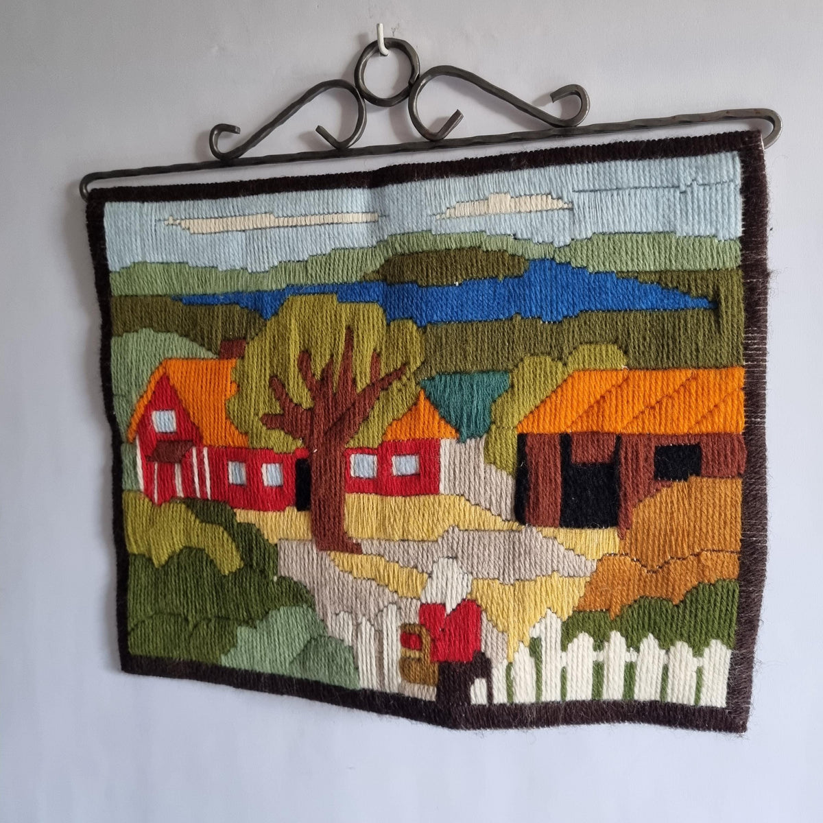 Scandinavian Folk Tapestry | Woven Wall Hanging | Mid Century Textile Art |  Rustic Village Scene