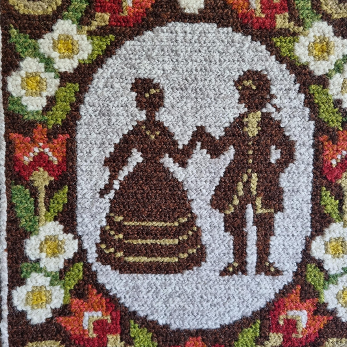 Wool Wall Hanging Romantic Couple Silhouette French Rococo Tapestry Swedish Vintage Embroidery 1970s Floral