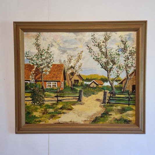 Vintage Swedish Spring Landscape Oil Painting | Blooming Countryside Cottage Scene | Framed Scandinavian Wall Art