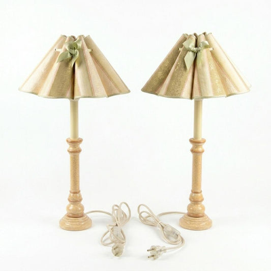 Pair of Vintage Cottagecore Table Lamps | Handcrafted Wooden Lamps with Original Pleated Shades | Romantic Country Decor