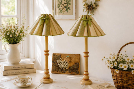 Pair of Vintage Cottagecore Table Lamps | Handcrafted Wooden Lamps with Original Pleated Shades | Romantic Country Decor