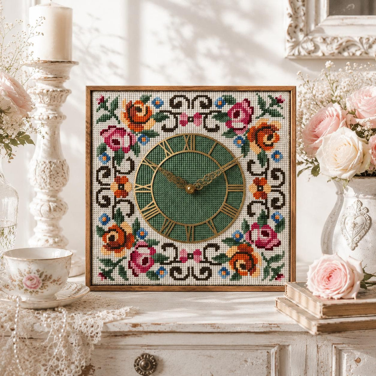 Scandinavian Vintage  Wall Clock, Hand Embroidered Floral Needlepoint, Teak Wood Frame