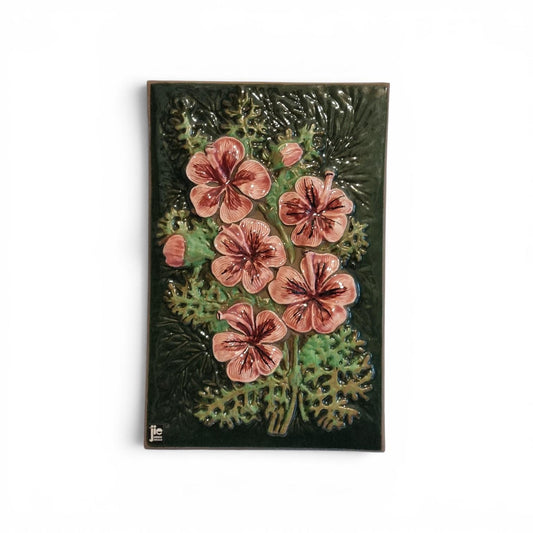 Wall Hanging Jie Gantofta Aimo Pink Geranium Ceramic Plaque Mid Century Scandinavian Swedish Floral Wall Art Green 1960s Sweden