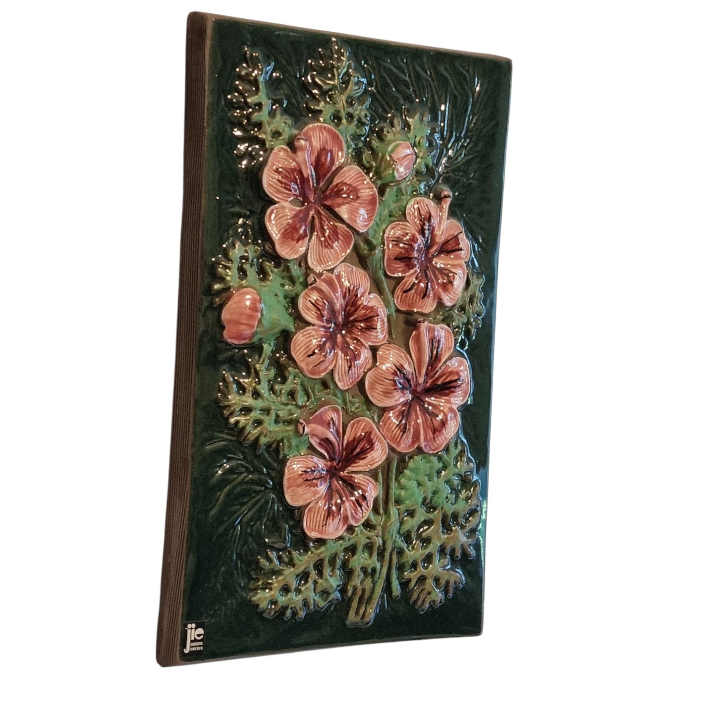 Wall Hanging Jie Gantofta Aimo Pink Geranium Ceramic Plaque Mid Century Scandinavian Swedish Floral Wall Art Green 1960s Sweden