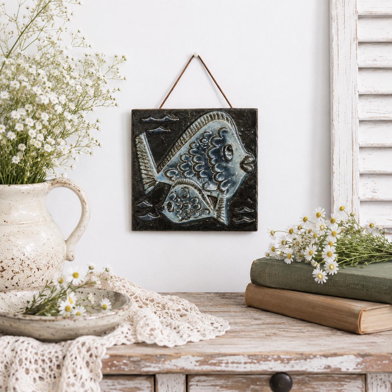 Wall Hanging Willi Fischer Blue Fish Ceramic Plaque Mid Century Scandinavian Swedish Stoneware Wall Art Black Glaze 1960s Sweden