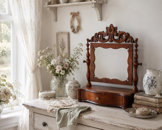 Dressing Table Mirror with Drawer, Antique Carved Tilting Vanity Mirror, Wooden Swing Toilet Stand, Victorian Style Mahogany Vanity