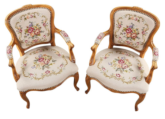 Louis XV style  Armchair. Hand-Carved Rococo Frame, Needlepoint Pastoral Tapestry. French Style, 1970s