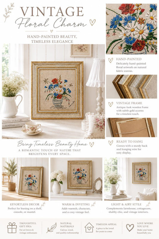 Vintage 1947 Wildflower Painting | Framed Floral Artwork | Cottagecore Farmhouse Decor