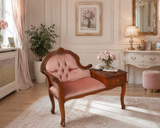 Gossip Bench Telephone Table Pink Velvet Carved Wood Vanity Seat with Drawer