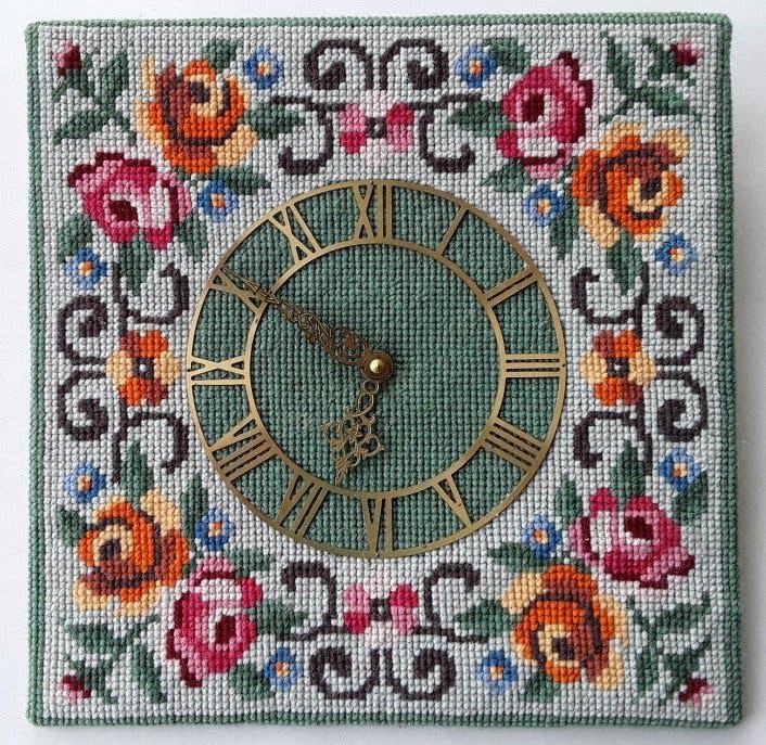 Scandinavian Vintage  Wall Clock, Hand Embroidered Floral Needlepoint, Teak Wood Frame
