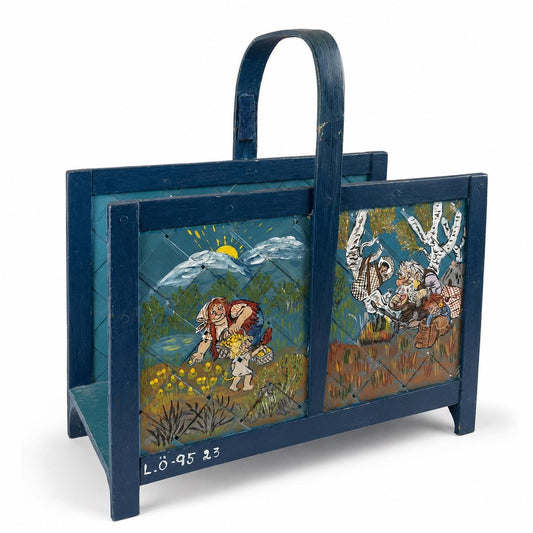 Scandinavian Troll Folk Art Magazine Holder, Hand Painted Storybook Art