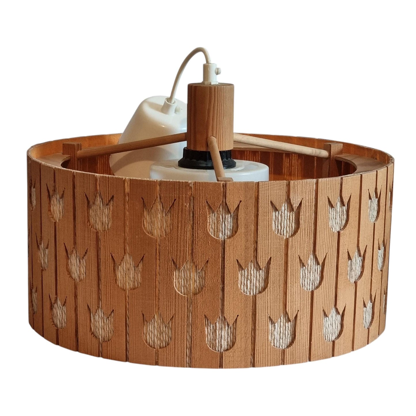 Swedish Wood Pendant Lamp Tulip Cutout Shade 1970s Scandinavian