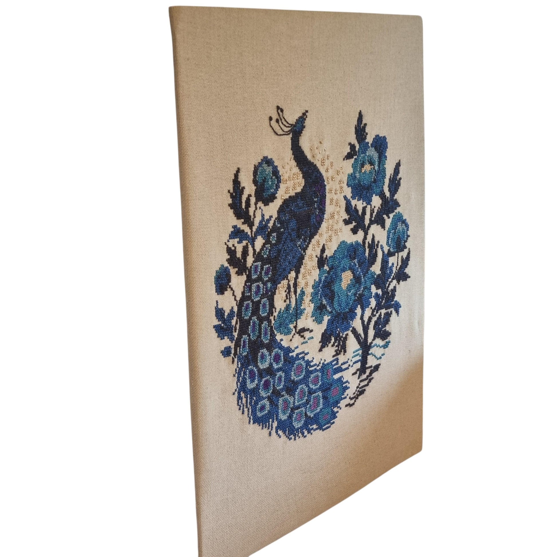 Embroidered Peacock Vintage Textile Wall Art, Scandinavian Folk Art Panel 1960s