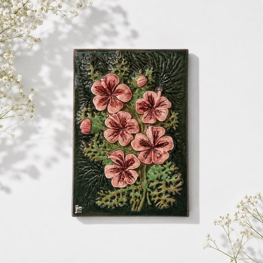 Wall Hanging Jie Gantofta Aimo Pink Geranium Ceramic Plaque Mid Century Scandinavian Swedish Floral Wall Art Green 1960s Sweden