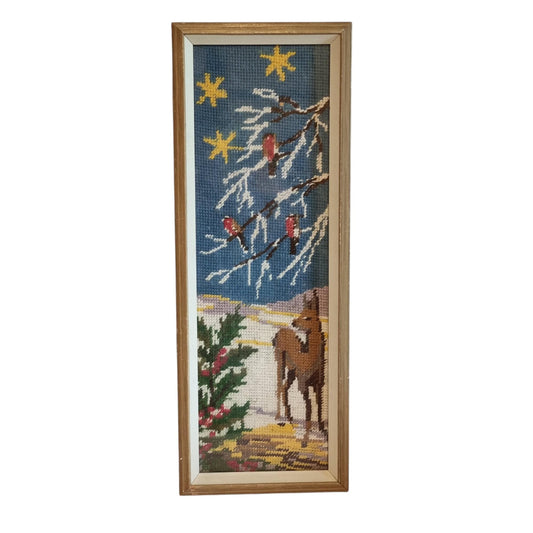 Needlepoint Wall Art with Winter Scene, Framed Vintage Tapestry Picture, Bullfinch Birds and Deer in Snow, Scandinavian Christmas Wall Decor