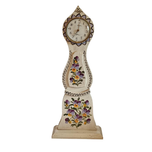 Miniature Mora Clock with Pansy Flowers, Hand Painted Swedish Folk Art Mantel Clock,  Gustavian Style Decor